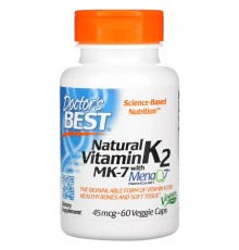 Витамин К2 MK-7 с MenaQ7 45 мкг, Vitamin K2 MK-7 with MenaQ7, Doctor\'s Best, 60 вегетарианских капсул
