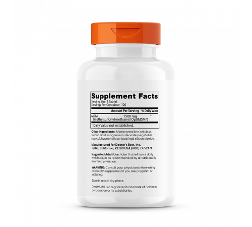 MSM 1500 мг, MSM with OptiMSM 1500 mg, Doctor's Best, 120 таблеток MSM 1500 мг, MSM with OptiMSM 1500 mg, Doctor's Best, 120 таблеток
