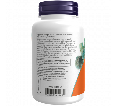 Калий цитрат 99 мг, Potassium Citrate 99 mg, Now Foods, 180 вегетарианских капсул Калий цитрат 99 мг, Potassium Citrate 99 mg, Now Foods, 180 вегетарианских капсул