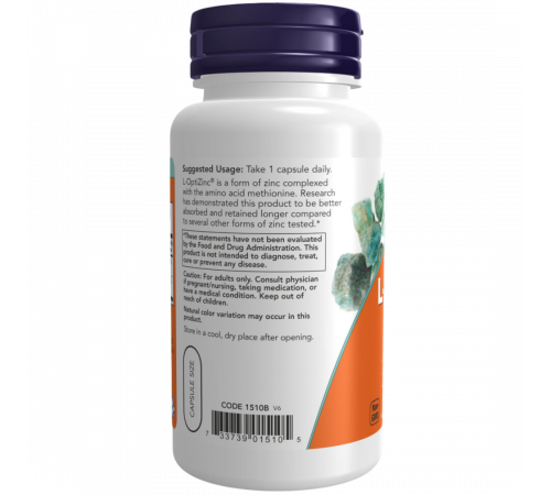 Цинк L‑OptiZinc 30 мг, L‑OptiZinc 30 mg, Now Foods, 100 вегетарианских капсул Цинк L‑OptiZinc 30 мг, L‑OptiZinc 30 mg, Now Foods, 100 вегетарианских капсул