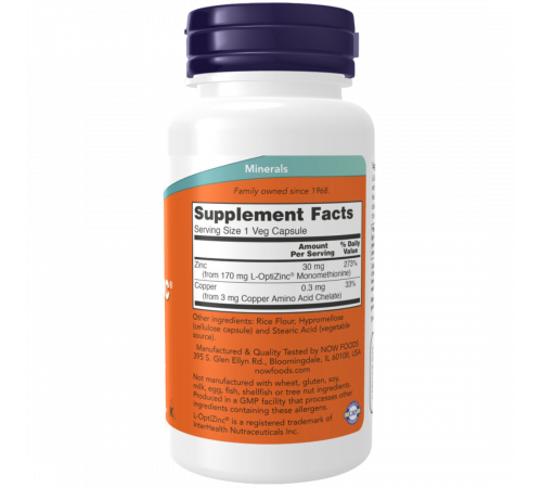 Цинк L‑OptiZinc 30 мг, L‑OptiZinc 30 mg, Now Foods, 100 вегетарианских капсул Цинк L‑OptiZinc 30 мг, L‑OptiZinc 30 mg, Now Foods, 100 вегетарианских капсул