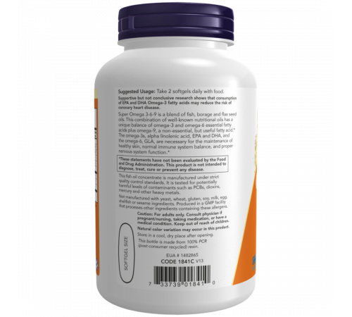 Супер Омега 3‑6‑9, Super Omega 3‑6‑9, Now Foods, 180 гелевых капсул