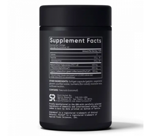 L-теанин с кофеином, L-Theanine + Caffeine, Sports Research, 60 желатиновых капсул L-теанин с кофеином, L-Theanine + Caffeine, Sports Research, 60 желатиновых капсул