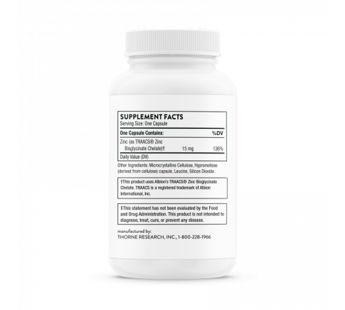 Бисглицинат цинка 15мг, Zinc Bisglycinate 15mg, Thorne Research, 60 капсул