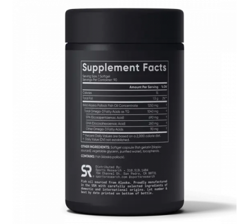 Омега-3 1250 мг, Omega-3 Fish Oil, Sports Research, 90 гелевых капсул Омега-3 1250 мг, Omega-3 Fish Oil, Sports Research, 90 гелевых капсул