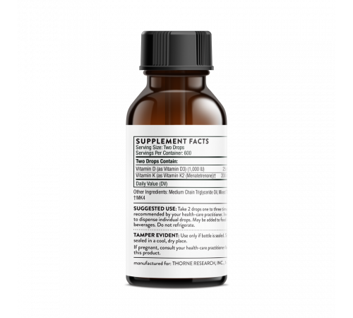 Витамин Д3+К2, Vitamin D+K2, Thorne Research, 1 жидкая унция, 30 мл