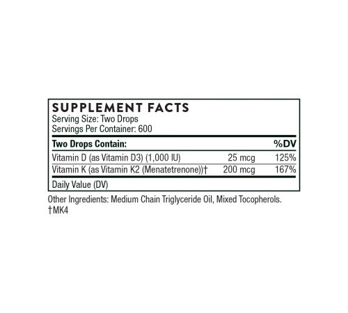 Витамин Д3+К2, Vitamin D+K2, Thorne Research, 1 жидкая унция, 30 мл