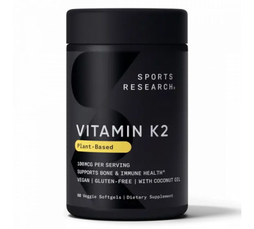 Витамин К2 с кокосовым маслом 100 мкг, Vitamin K2 100 mcg, Sports Research, 60 вегетарианских капсул Витамин К2 с кокосовым маслом 100 мкг, Vitamin K2 100 mcg, Sports Research, 60 вегетарианских капсул
